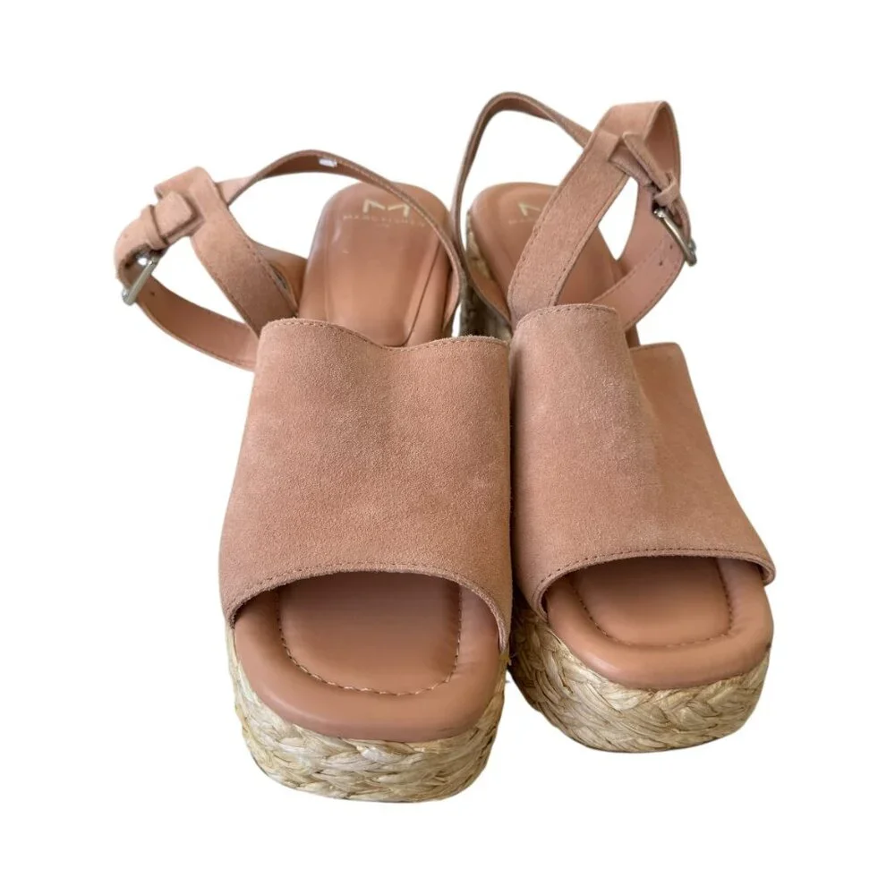 MARC FISHER Nelly Ankle Strap Wedge Espedrille Sandal In peach suede.  S…